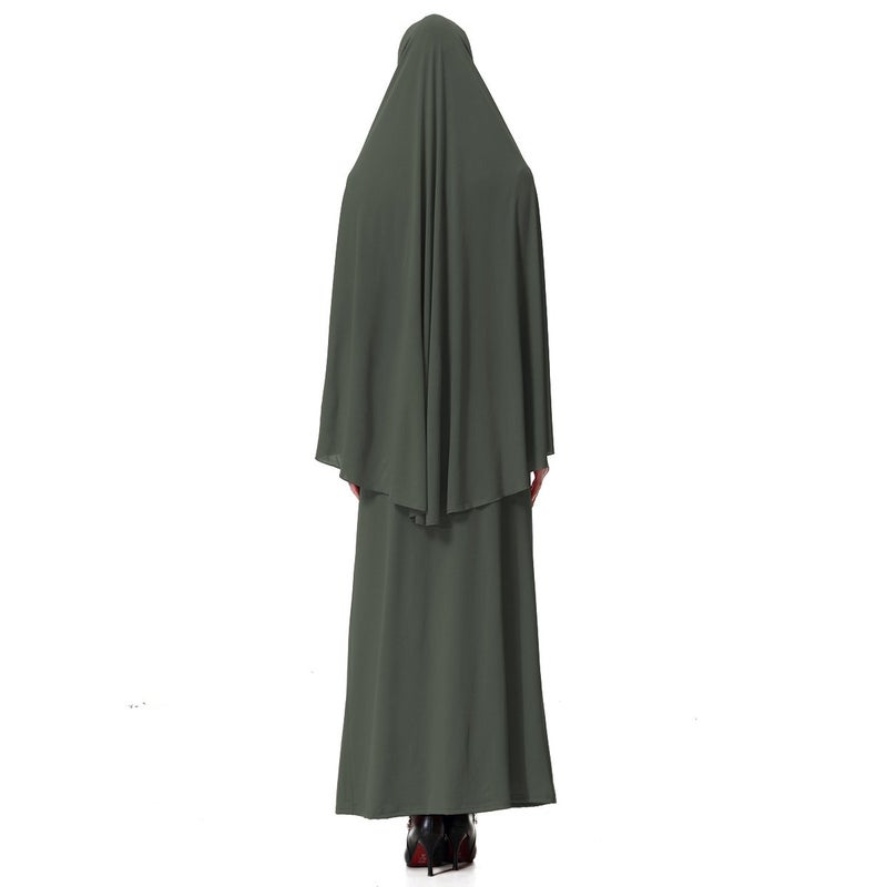 XINFU Muslim Islamic Women's khimar 2pcs Sets Soft Distinctive Prayer Dress Hijab Abaya Suit - Armygreen - Image 4